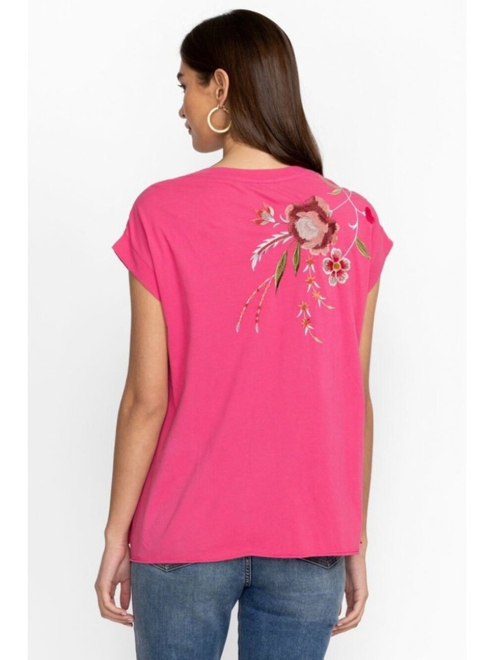 Johnny Was Joya Embroidered Draped Tee in Pink Fuchsia - Picture 3 of 7